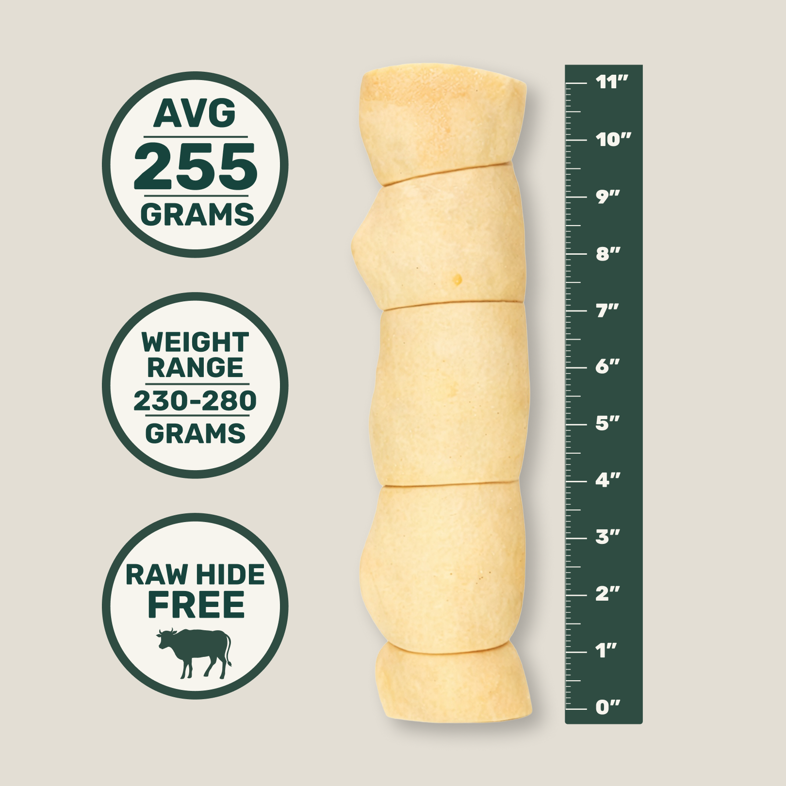 Beef cheek roll dog chew treat with measurement details on a beige background