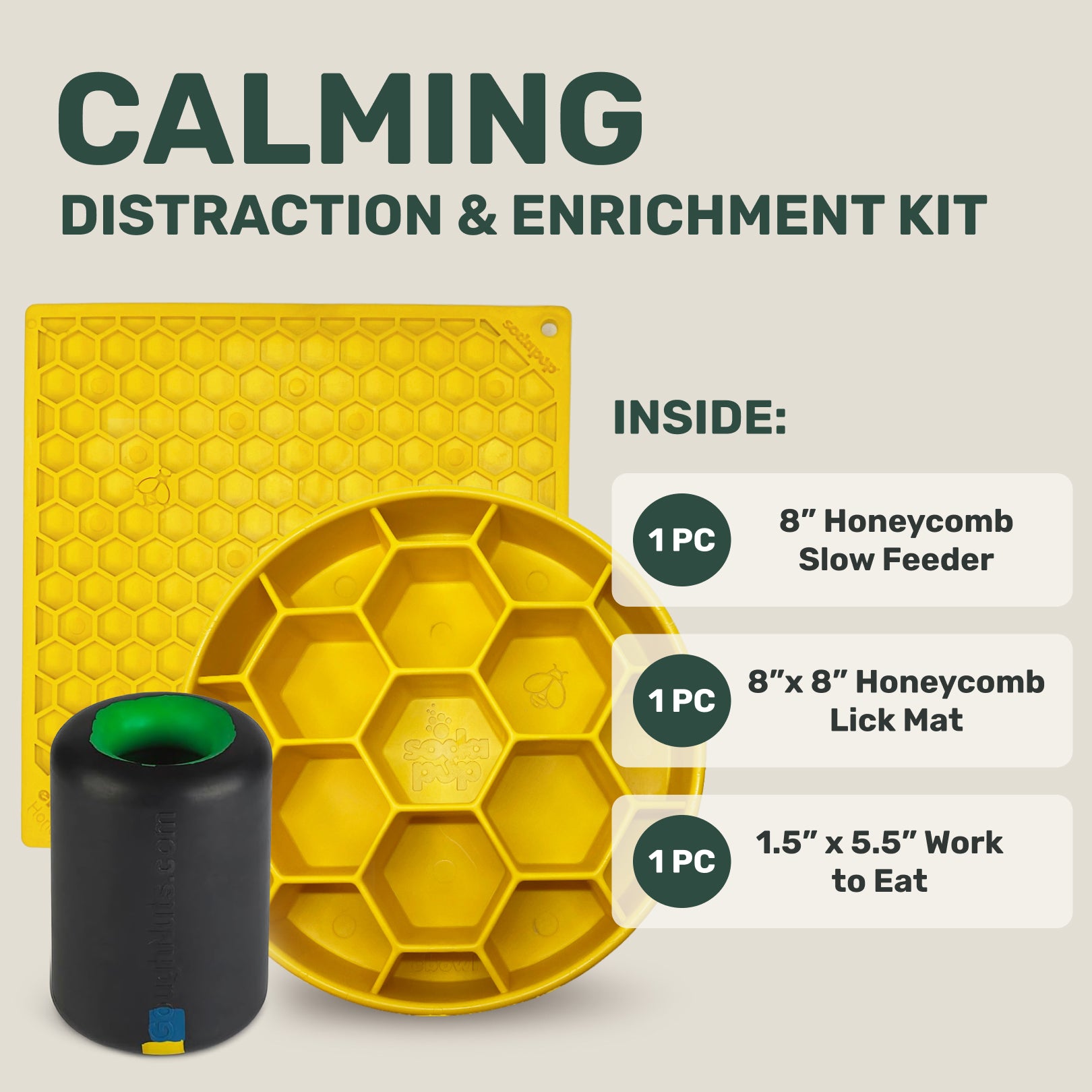 Calming Distraction & Enrichment Kit with honeycomb elements on a beige background