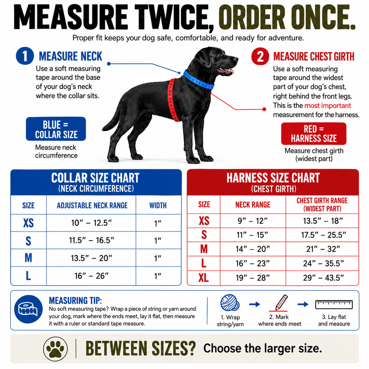 Rugged Dog collar and harness sizing guide showing how to measure neck and chest girth with a soft tape or string, with size charts and advice for dogs between sizes