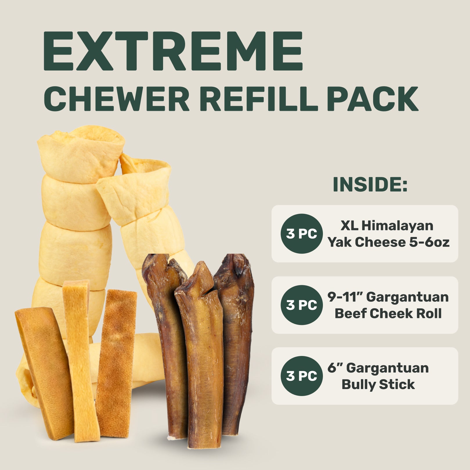 Dog chew product refill pack with text detailing contents on a beige background