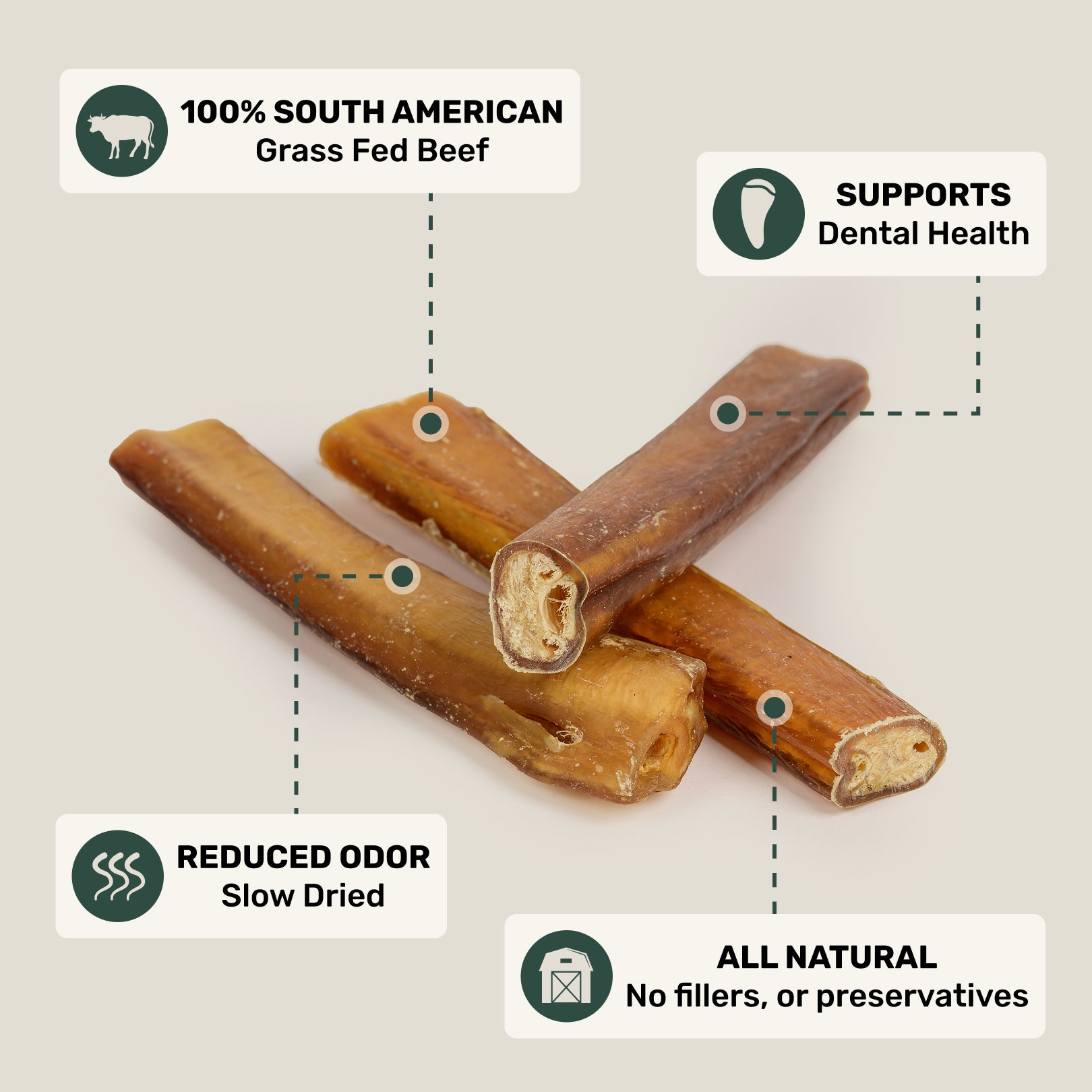 6” bully sticks with health benefits labeled on a beige background