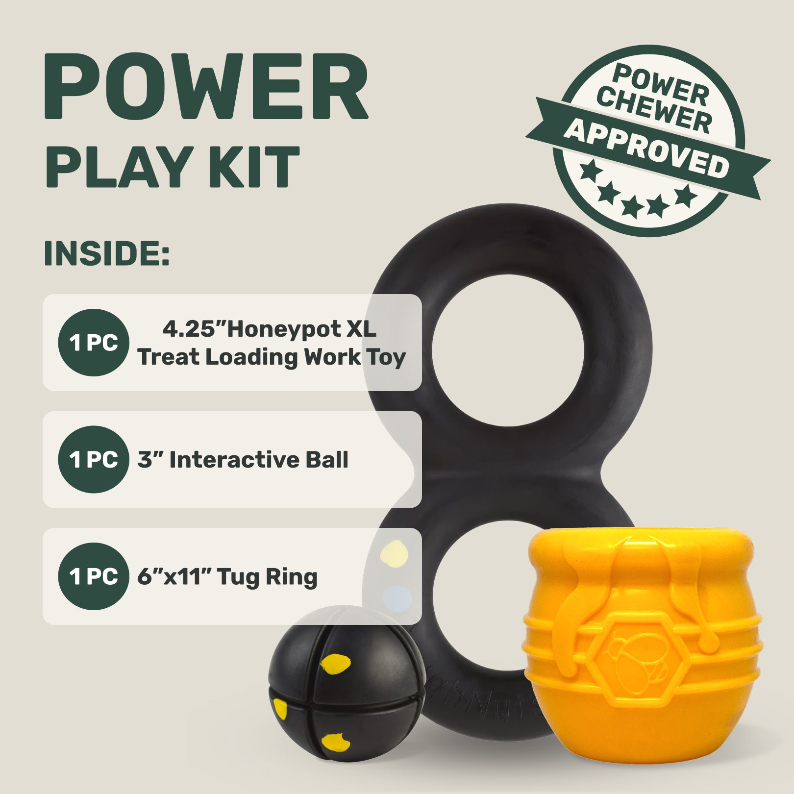 Dog toy set with 'Power Play Kit' label and 'Power Chewer Approved' badge on a beige background.