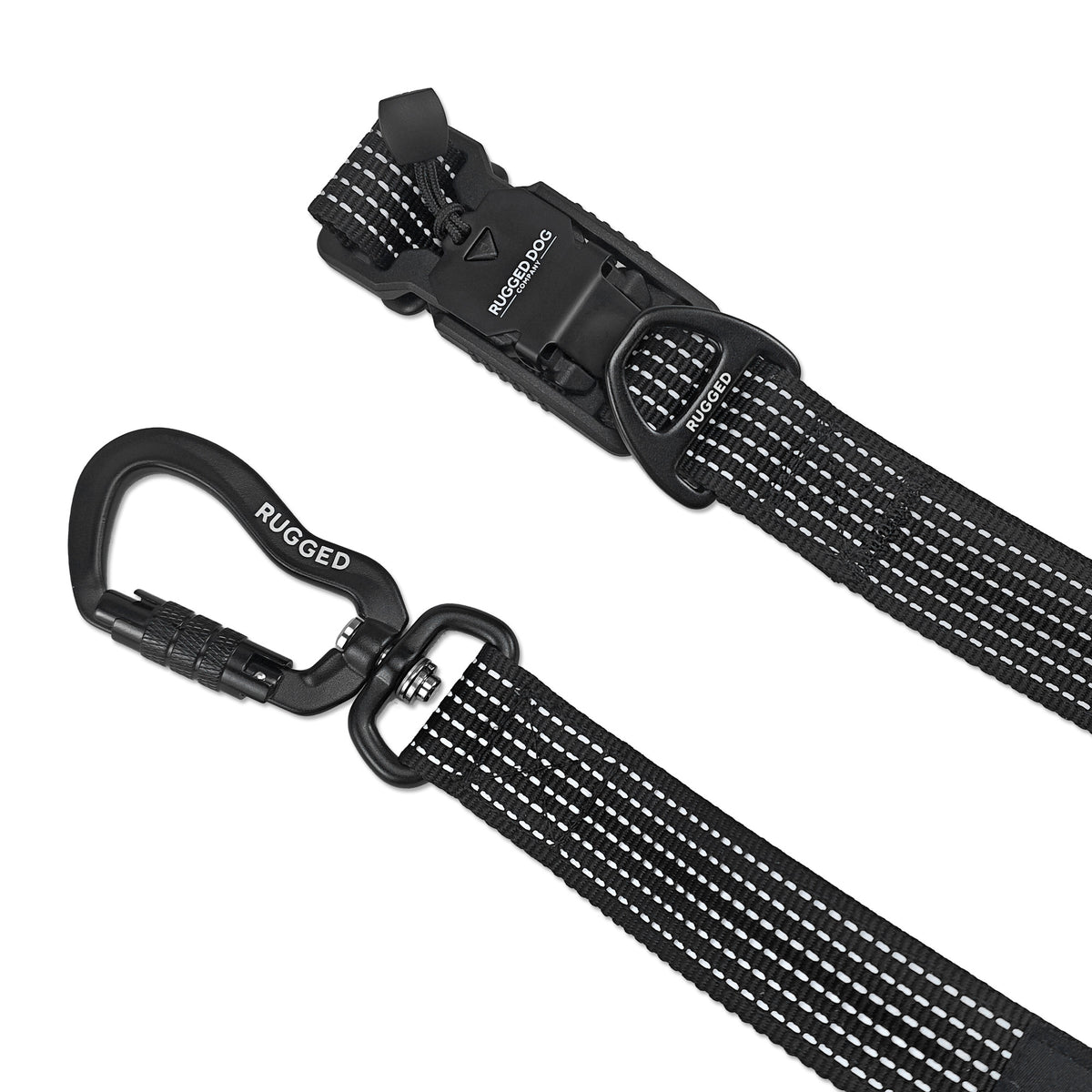 Close-up of black Rugged Dog Company 3-in-1 dog leash showing 500-lb break-strength magnetic FIDLOCK V-Buckle, 885-lb-rated aircraft-grade aluminum auto-locking carabiner with 360-degree swivel, metal connection ring, 900-lb-rated polyester webbing and high-visibility reflective stitching