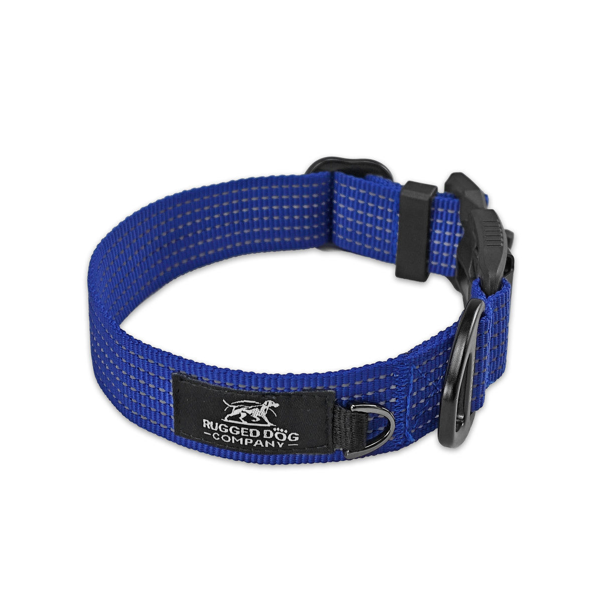 Blue Rugged Dog Company magnetic dog collar showing branded logo patch and mini D-ring for dog tags
