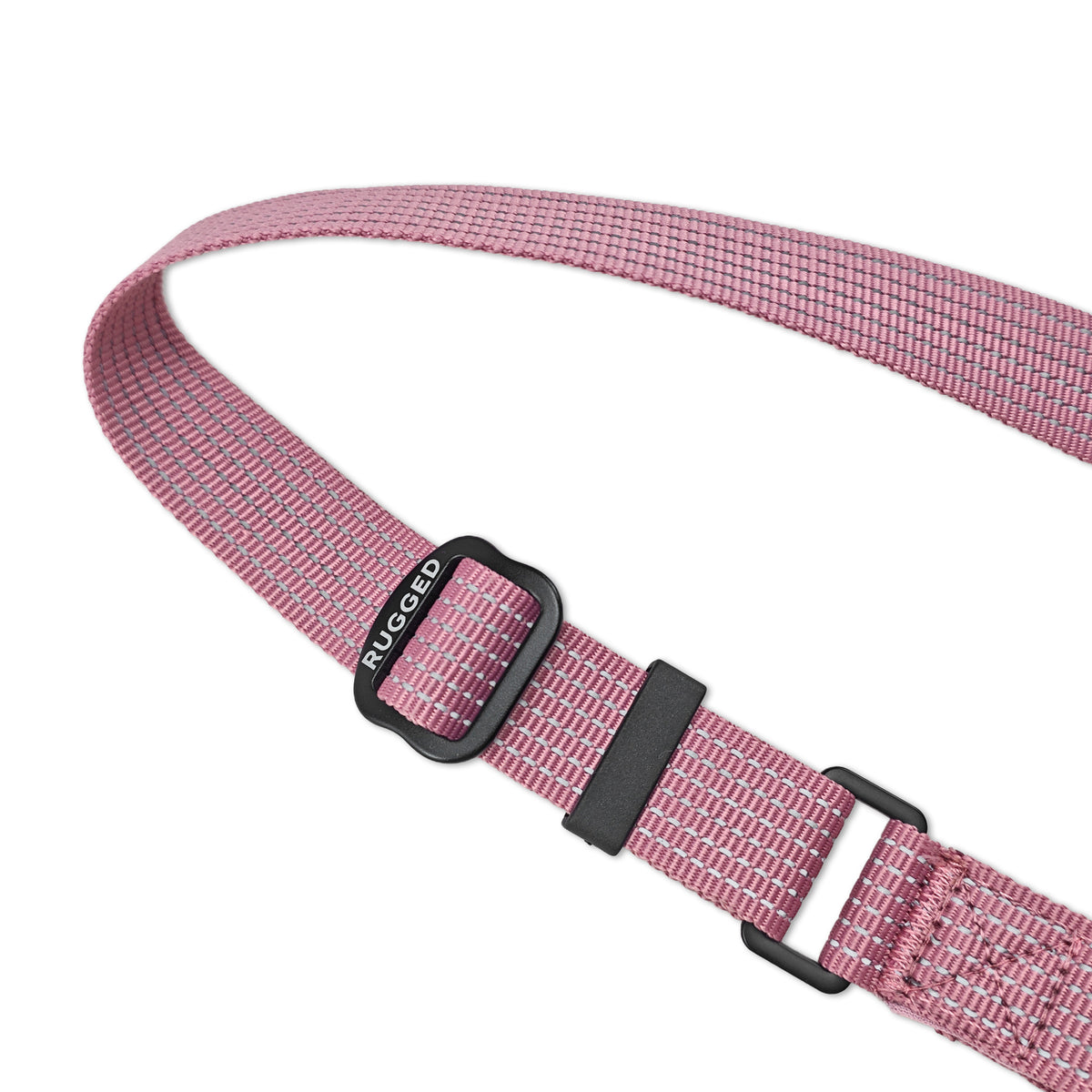 Close-up of Dusty Rose Rugged Dog Company 3-in-1 dog leash showing heavy-duty 900-lb-rated polyester webbing, high-visibility reflective stitching and Rugged-branded metal adjustment slider for customizable leash length, waist and crossbody fit