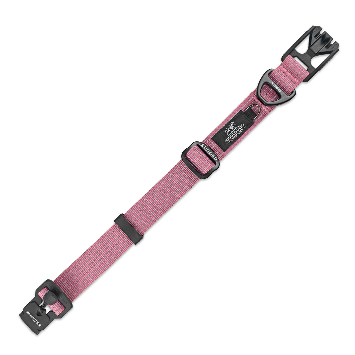 Dusty Rose Rugged Dog Company collar fully opened showing FIDLOCK V-Buckle, large aluminum D-ring, branded logo patch and high-visibility reflective stitching