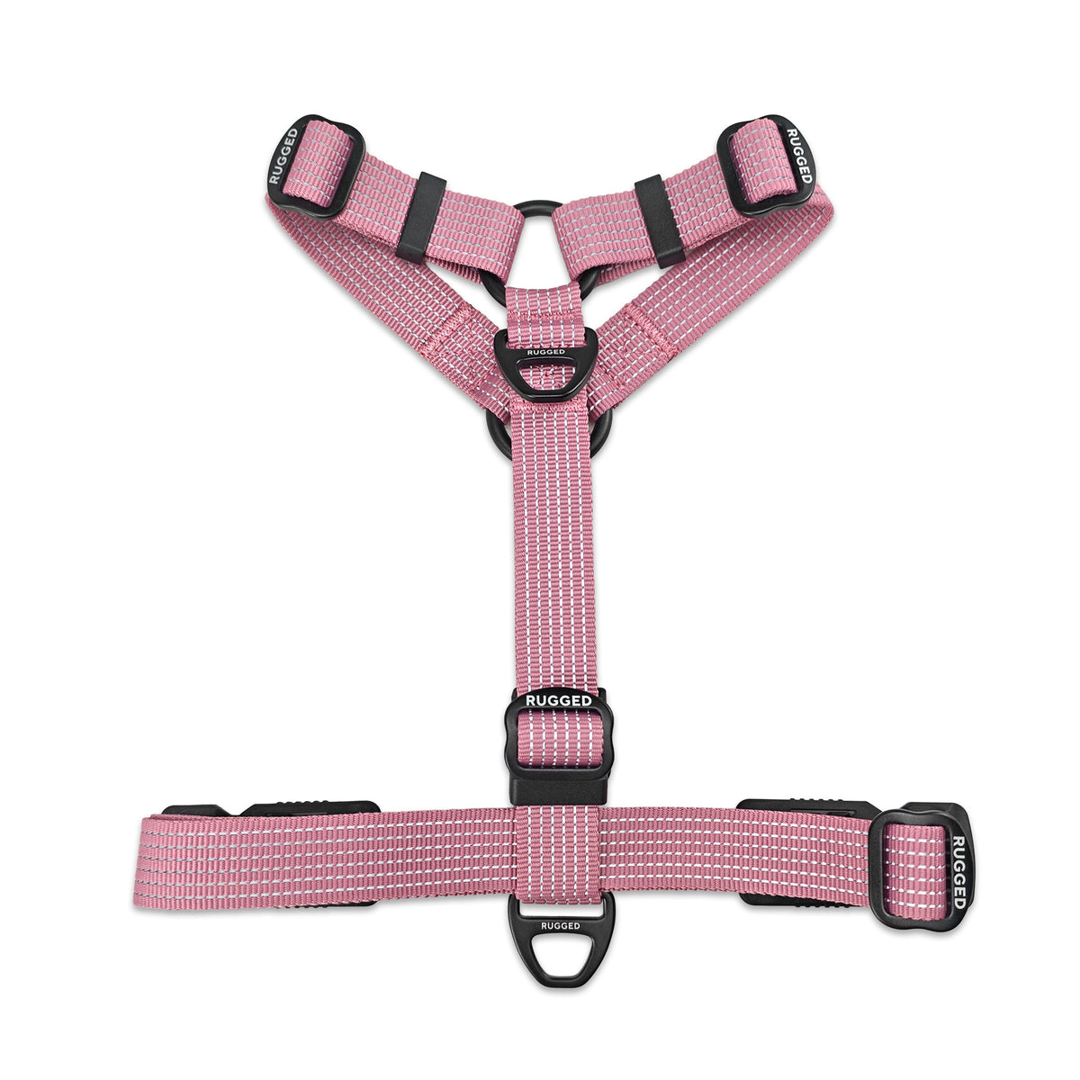 Full underside view of Dusty Rose Rugged Dog Company no-pull harness showing adjustable sternum strap, aircraft-grade aluminum front D-ring for no-pull leash control, flexible polyester webbing, Rugged-branded metal adjustment sliders and high-visibility reflective stitching