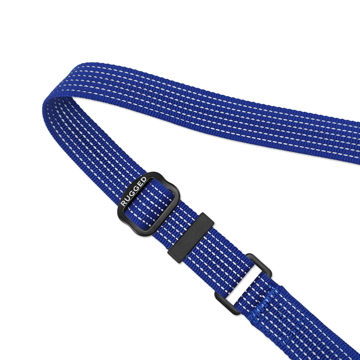 Close-up of Navy Rugged Dog Company 3-in-1 dog leash showing heavy-duty 900-lb-rated polyester webbing, high-visibility reflective stitching and Rugged-branded metal adjustment slider for customizable leash length and hands-free fit