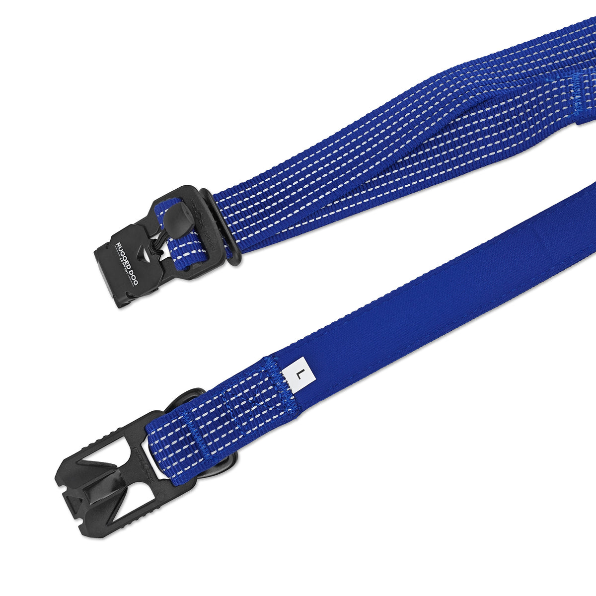 Navy Rugged Dog Company 3-in-1 dog leash showing magnetic FIDLOCK V-Buckle opened to convert the adjustable leash for hands-free crossbody or waist wear, with high-visibility reflective polyester webbing and adjustable hardware