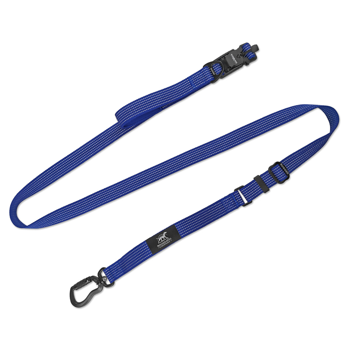 Navy Rugged Dog Company adjustable 3-in-1 dog leash with high-visibility reflective polyester webbing, aircraft-grade aluminum carabiner, traffic handle, adjustable hands-free waist and crossbody loop, accessory D-ring and Rugged-branded hardware