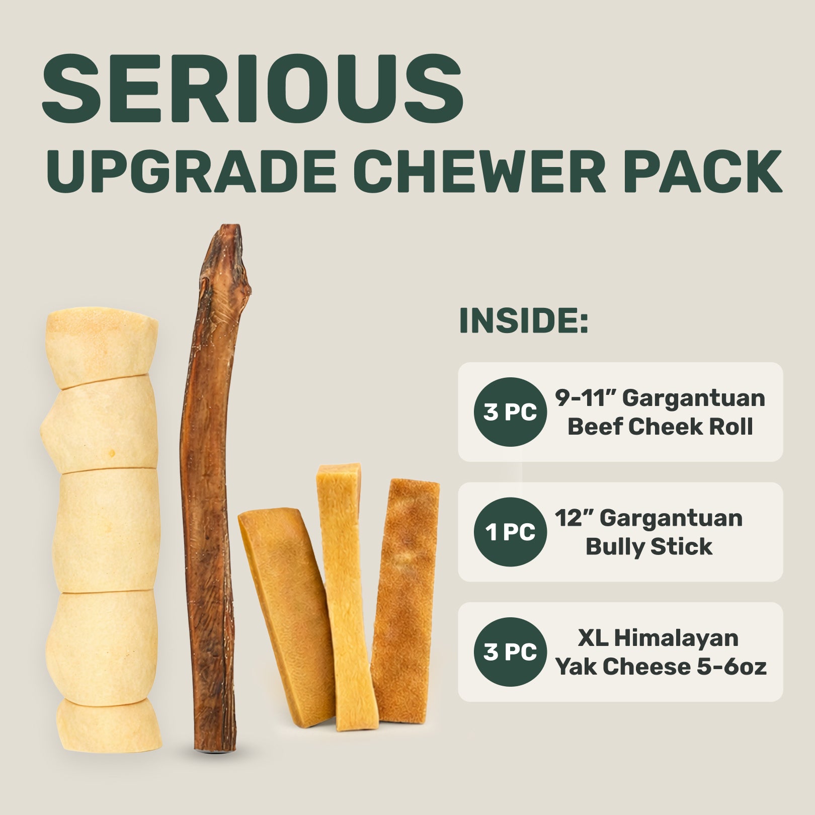 Dog chew product set with text indicating 'Serious Upgrade Chewer Pack' on a beige background.