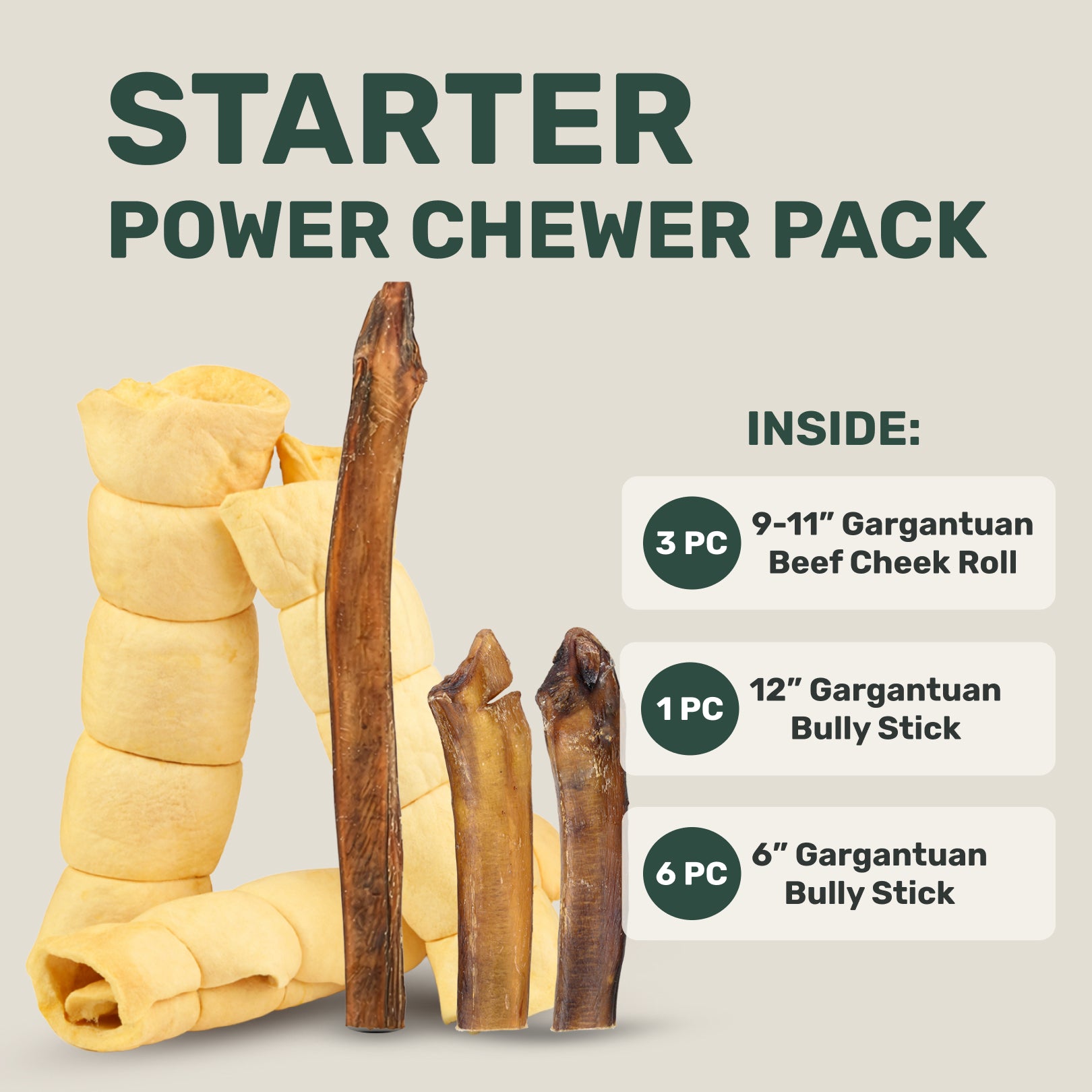 Starter Power Chewer Pack with various dog chew items on a light gray background