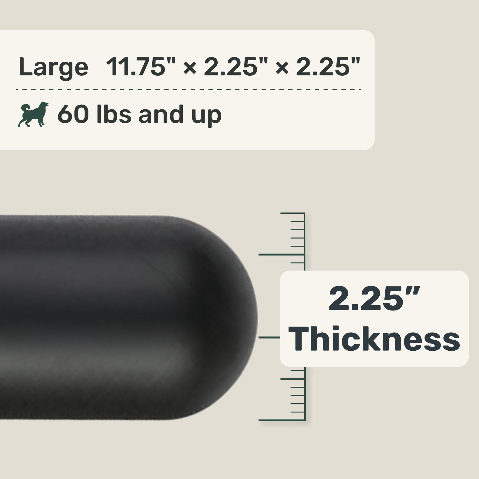Black cylindrical dog rubber toy with measurements and specifications on a beige background
