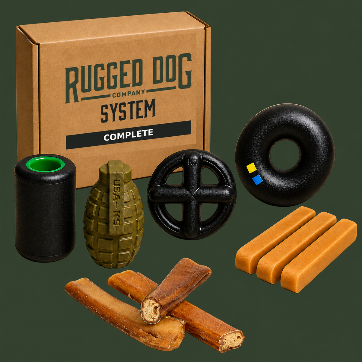 Rugged Dog System - Complete Box — 10 individual items: 2 enrichment toys, 2 play toys, 3 XL yak cheese chews, and 3 Gargantuan 6-inch bully sticks.