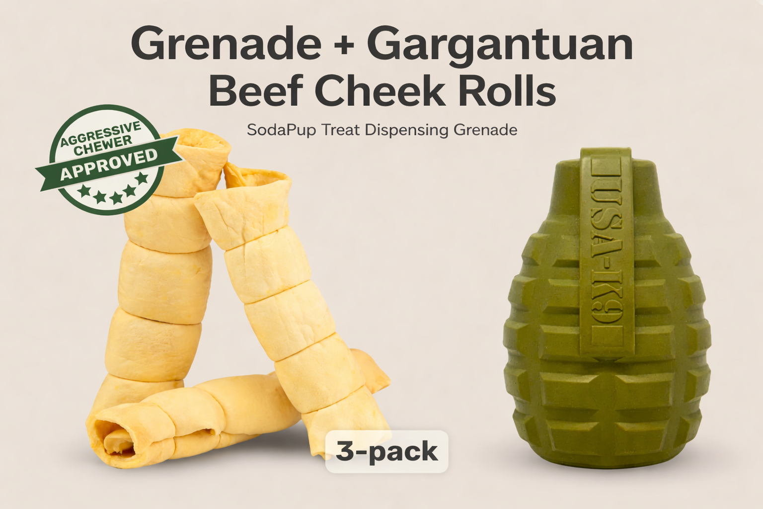 Grenade Treat Dispenser + 9-11" Gargantuan Beef Cheek Roll (3-Pack)