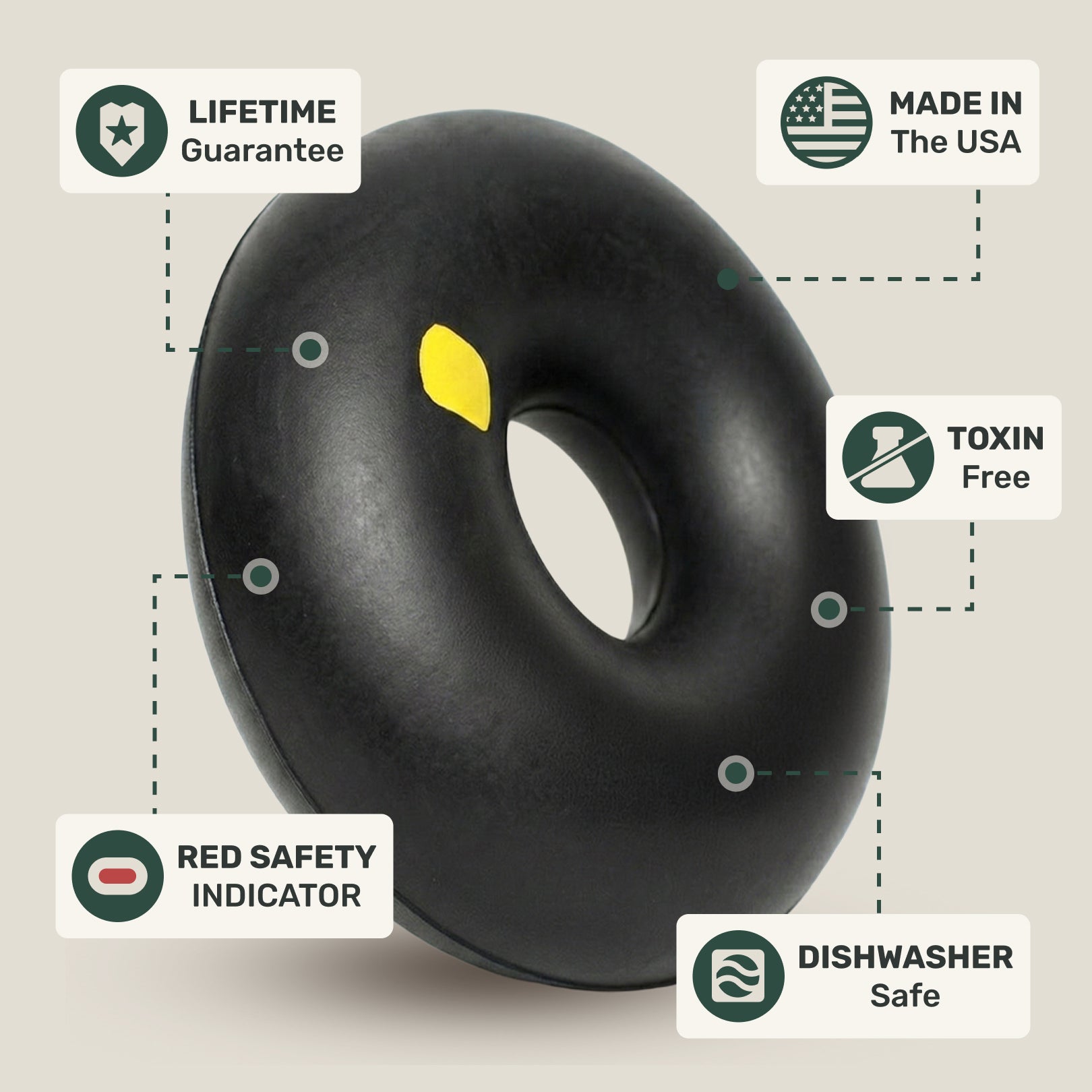 Black donut-shaped rubber dog toy product with safety features highlighted on a beige background