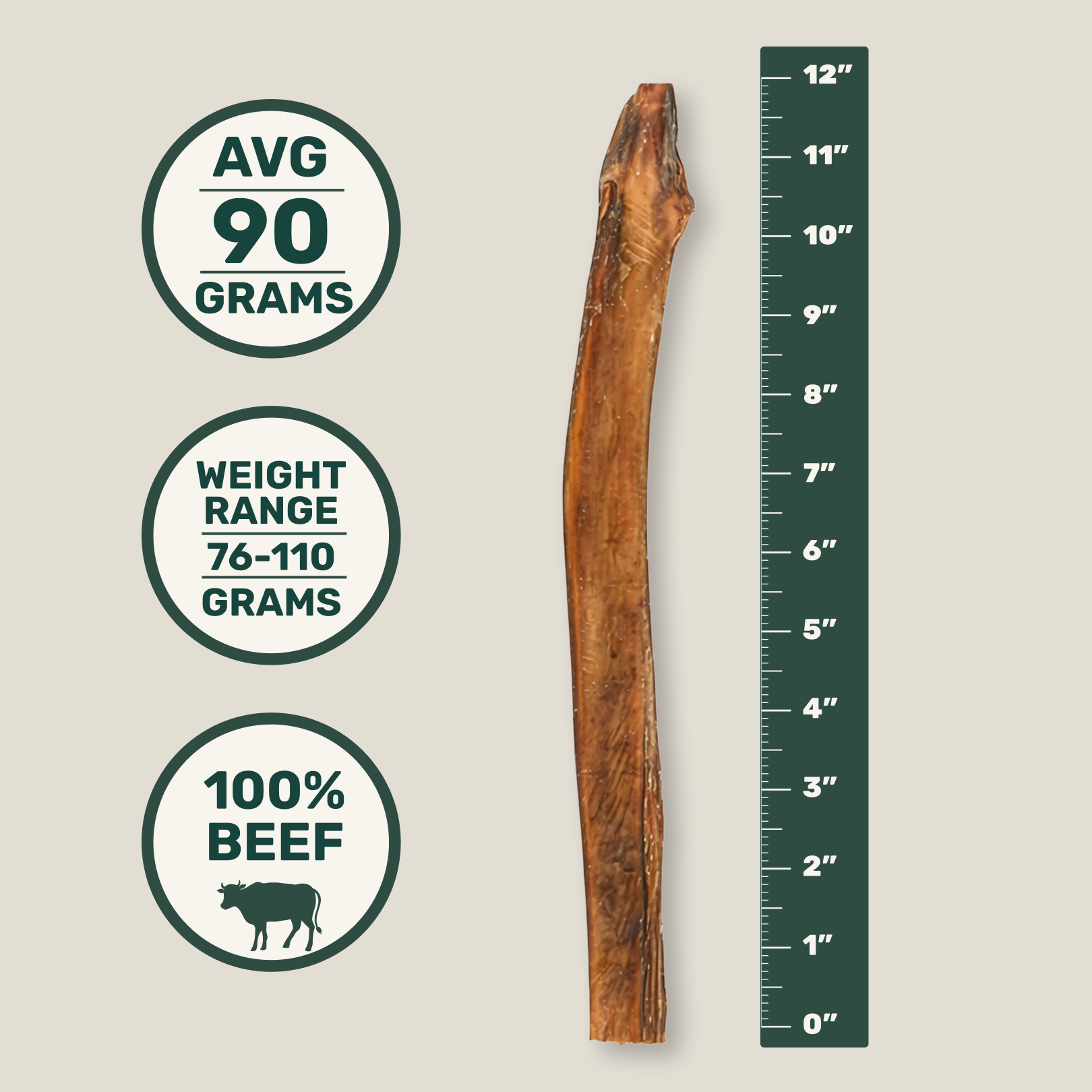 12” bully stick with measurement scale and text indicating weight and beef content on a beige background