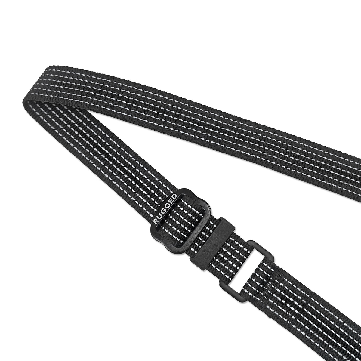 Close-up of black Rugged Dog Company 3-in-1 dog leash showing adjustable-length hardware, Rugged-branded metal slider, heavy-duty 900-lb-rated polyester webbing and high-visibility reflective stitching for increased visibility in low-light conditions