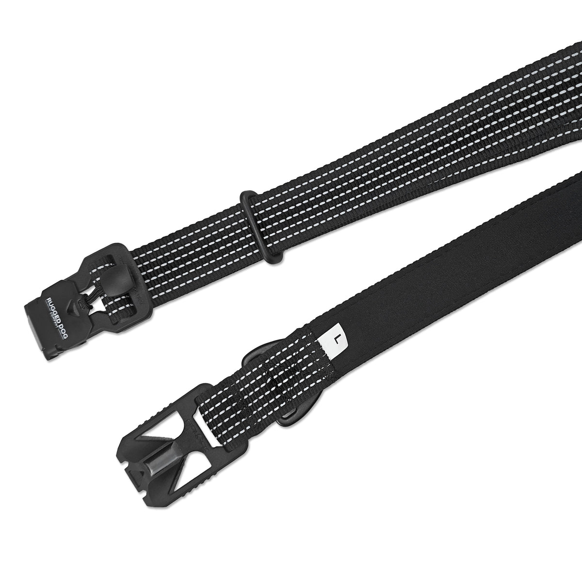 Black Rugged Dog Company 3-in-1 dog leash showing 500-lb break-strength magnetic FIDLOCK V-Buckle for hand-loop, waist and crossbody conversion, comfortable padded contact surface, adjustable 900-lb-rated polyester webbing and high-visibility reflective stitching