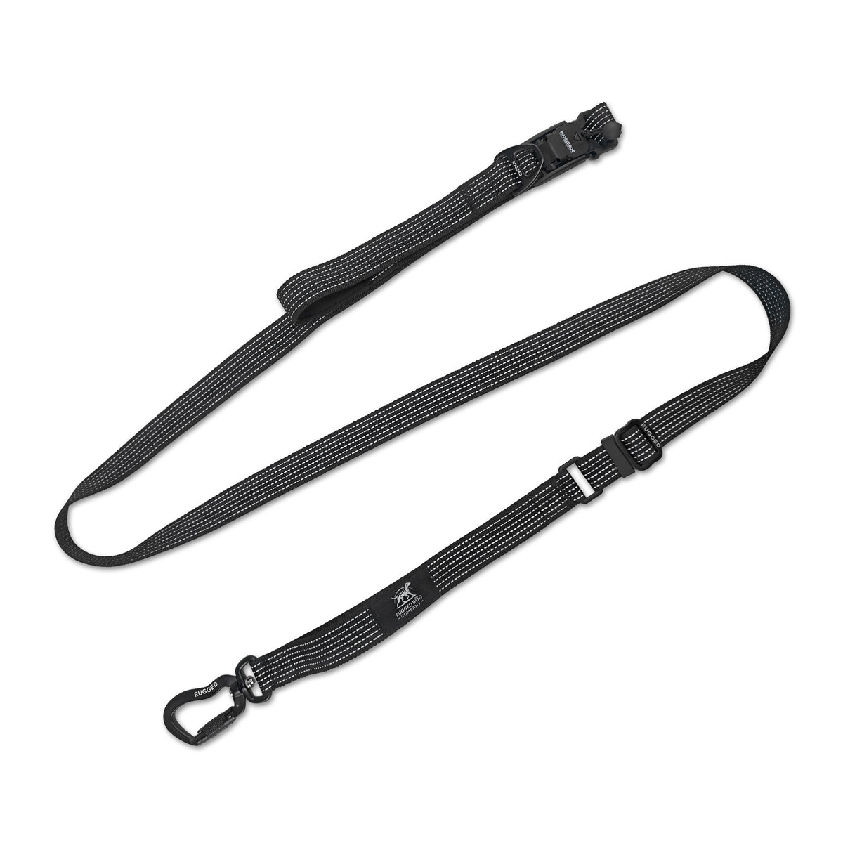 Black Rugged Dog Company adjustable 3-in-1 dog leash with customizable 4-to-6-foot length, integrated traffic handle for close control, 900-lb-rated reflective polyester webbing, 885-lb-rated aircraft-grade aluminum auto-locking 360-degree swivel carabiner, 500-lb break-strength magnetic FIDLOCK V-Buckle, padded hand-loop, waist and crossbody configurations, accessory D-ring and Rugged-branded hardware