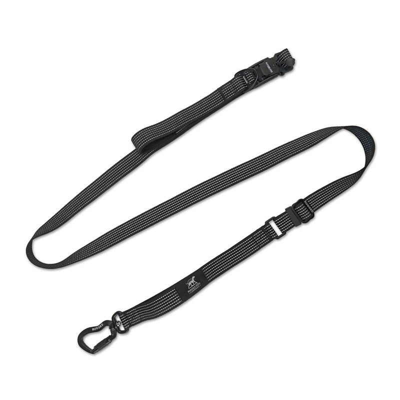 Black Rugged Dog Company adjustable 3-in-1 dog leash with customizable 4-to-6-foot length, integrated traffic handle for close control, 900-lb-rated reflective polyester webbing, 885-lb-rated aircraft-grade aluminum auto-locking 360-degree swivel carabiner, 500-lb break-strength magnetic FIDLOCK V-Buckle, padded hand-loop, waist and crossbody configurations, accessory D-ring and Rugged-branded hardware