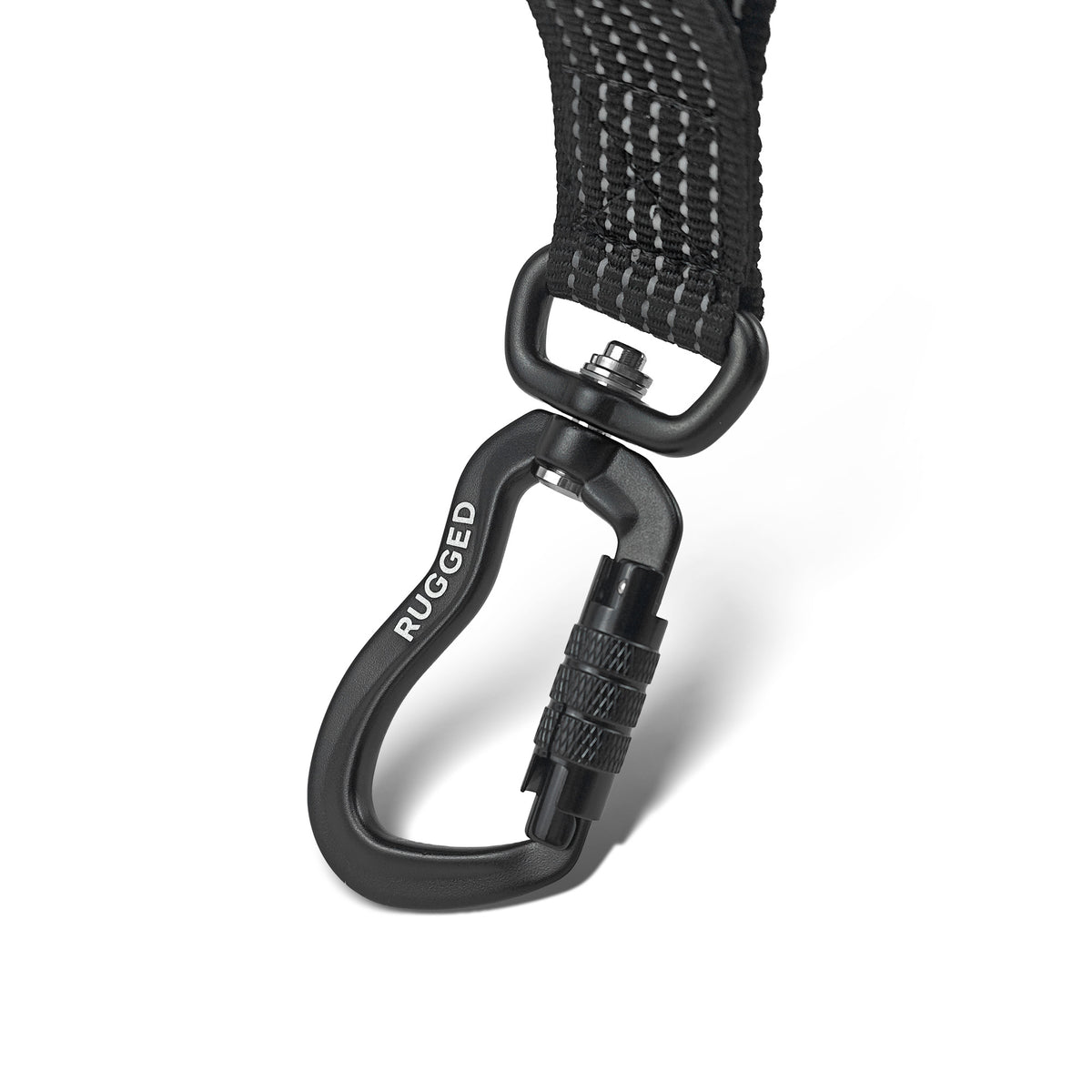 Close-up of Rugged Dog Company 3-in-1 dog leash showing 885-lb-rated aircraft-grade aluminum auto-locking carabiner with hard-anodized weather-resistant, rust-proof finish and 360-degree rotating swivel to help prevent leash twisting, attached to 900-lb-rated black reflective polyester webbing
