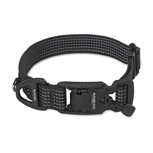 Black Rugged Dog Company magnetic dog collar with reflective stitching and aluminum D-ring