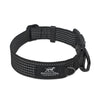 Black Rugged Dog Company magnetic dog collar showing branded logo patch, mini D-ring for dog tags and high-visibility reflective stitching