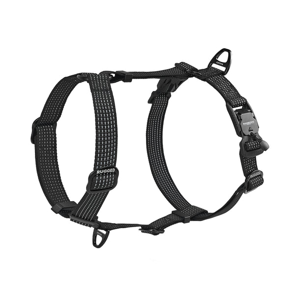 Black Rugged Dog Company no-pull dog harness with magnetic FIDLOCK V-Buckle, high-visibility reflective polyester webbing, aircraft-grade aluminum top and front D-rings, and branded metal adjustment sliders