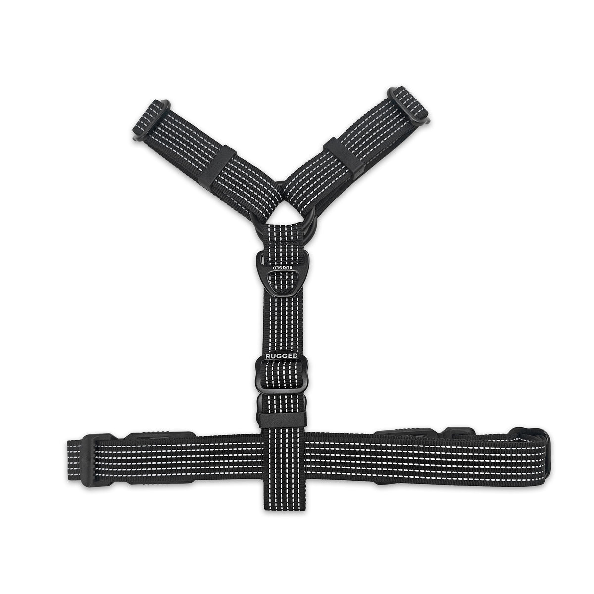 Underside of black Rugged Dog Company no-pull harness showing adjustable sternum strap, aircraft-grade aluminum front D-ring for added leash control, flexible reflective polyester webbing and branded metal adjustment sliders