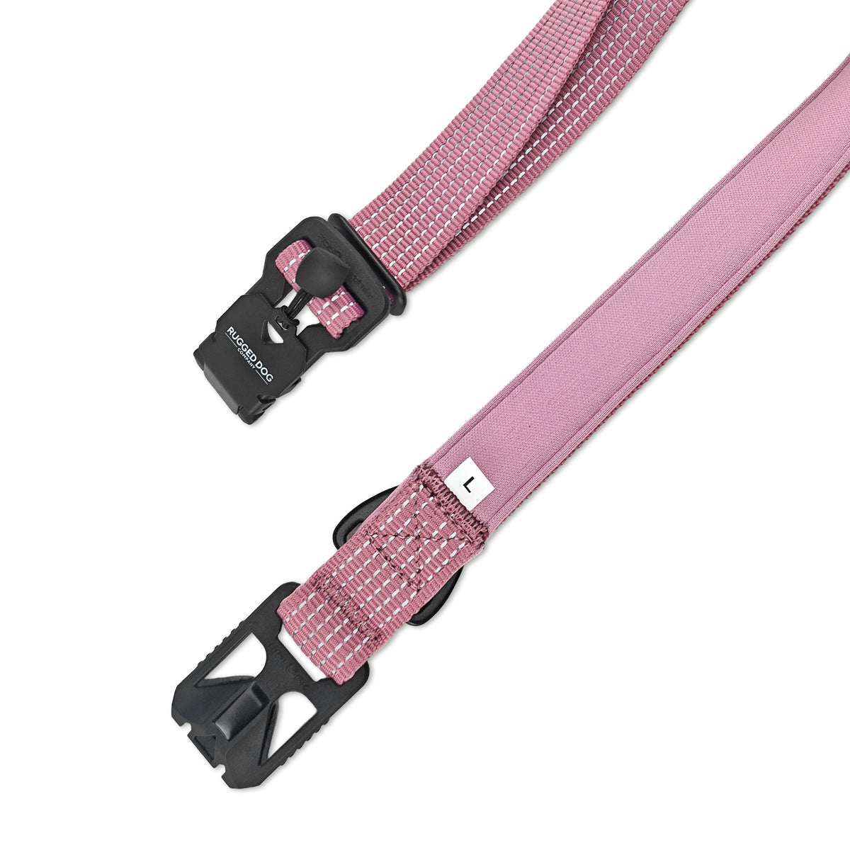 Dusty Rose Rugged Dog Company 3-in-1 dog leash showing 500-lb break-strength magnetic FIDLOCK V-Buckle opened for hand-loop, hands-free waist and crossbody conversion, with 900-lb-rated polyester webbing and high-visibility reflective stitching