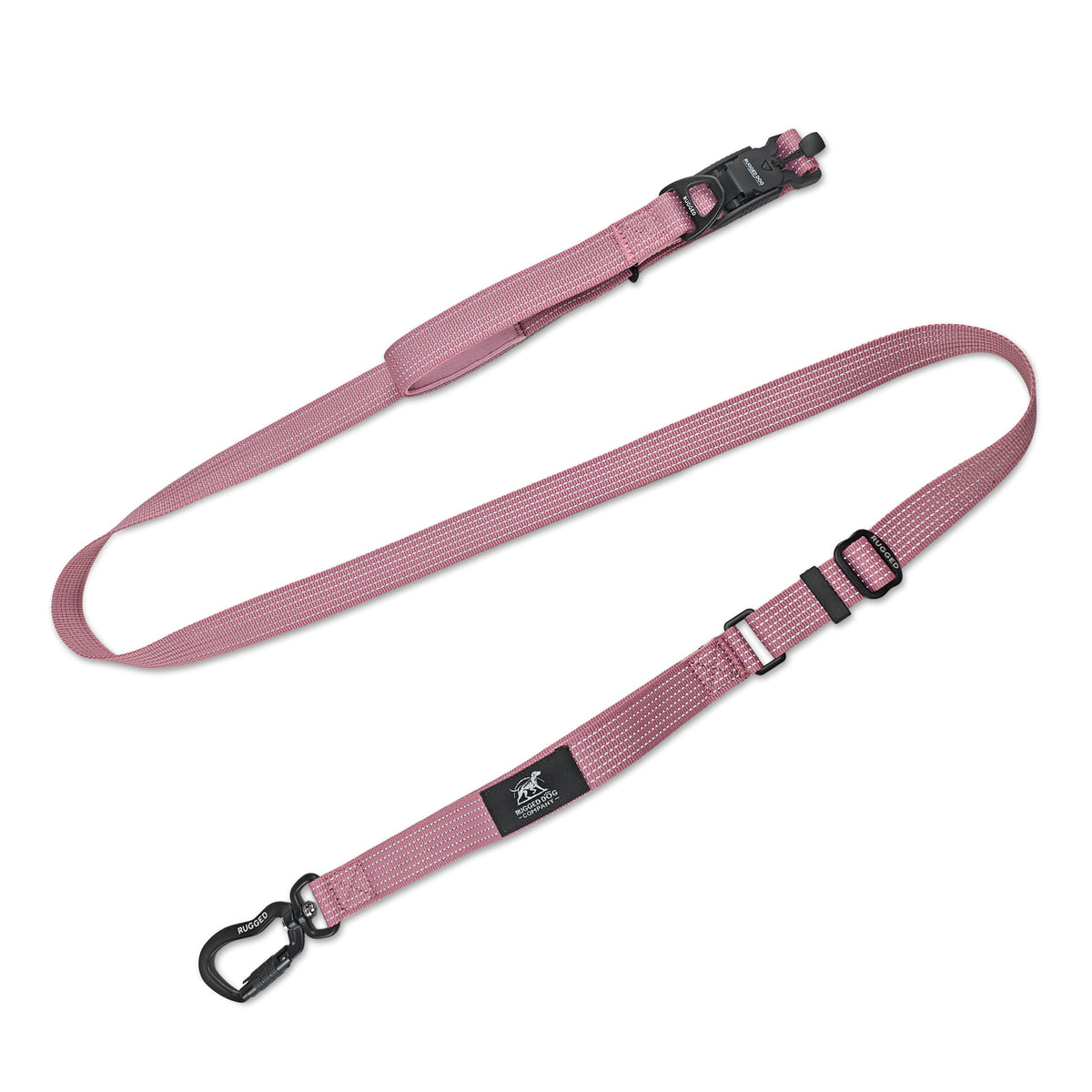 Dusty Rose Rugged Dog Company adjustable 3-in-1 dog leash with 900-lb-rated polyester webbing, high-visibility reflective stitching, auto-locking aircraft-grade aluminum 360-degree swivel carabiner, magnetic FIDLOCK V-Buckle for hand-loop, waist and crossbody conversion, accessory D-ring and Rugged-branded adjustment hardware