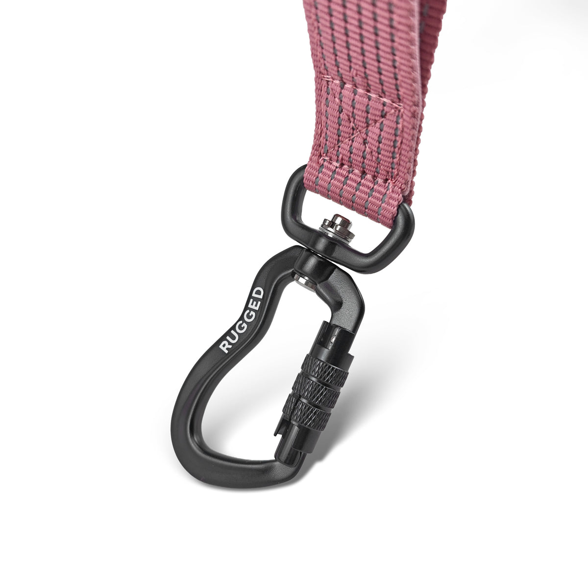 Close-up of Rugged Dog Company 3-in-1 leash showing 885-lb-rated aircraft-grade aluminum auto-locking carabiner with hard-anodized weather-resistant, rust-proof finish and 360-degree rotating swivel to help prevent leash twisting, attached to 900-lb-rated Dusty Rose reflective polyester webbing