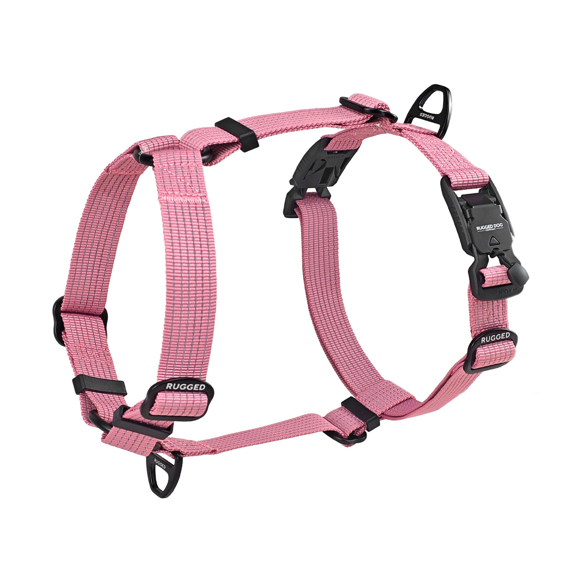 Dusty Rose Rugged Dog Company no-pull dog harness with dual magnetic FIDLOCK V-Buckles, high-visibility reflective polyester webbing, aircraft-grade aluminum top and front D-rings, and Rugged-branded metal adjustment sliders