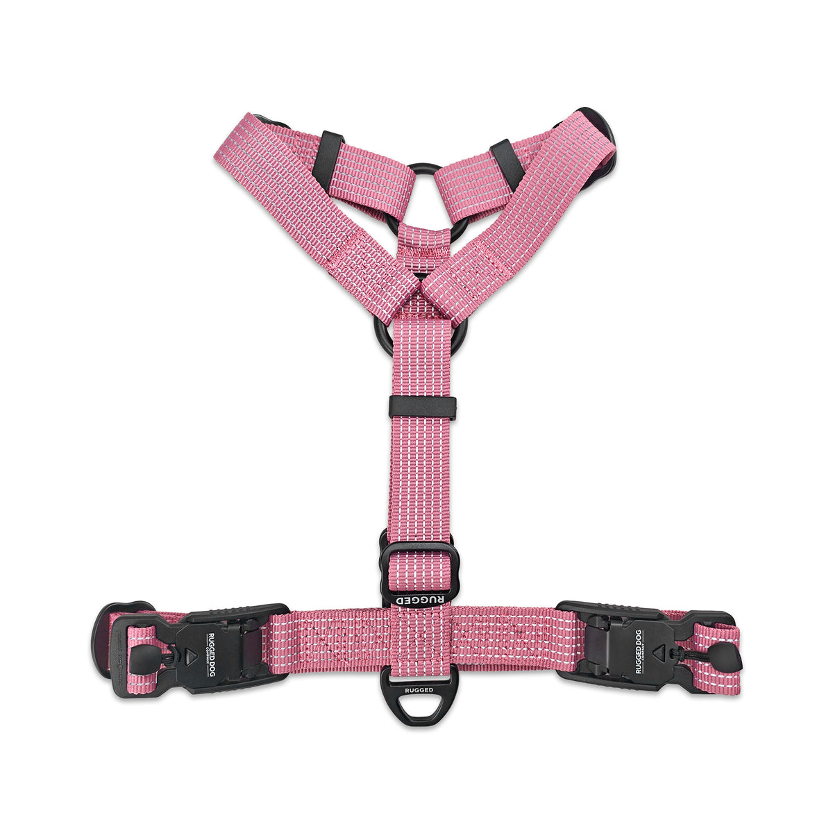 Full top-down view of Dusty Rose Rugged Dog Company no-pull harness showing dual magnetic FIDLOCK V-Buckles, aircraft-grade aluminum back D-ring for leash attachment, adjustable Y-shaped polyester webbing, Rugged-branded metal sliders and high-visibility reflective stitching
