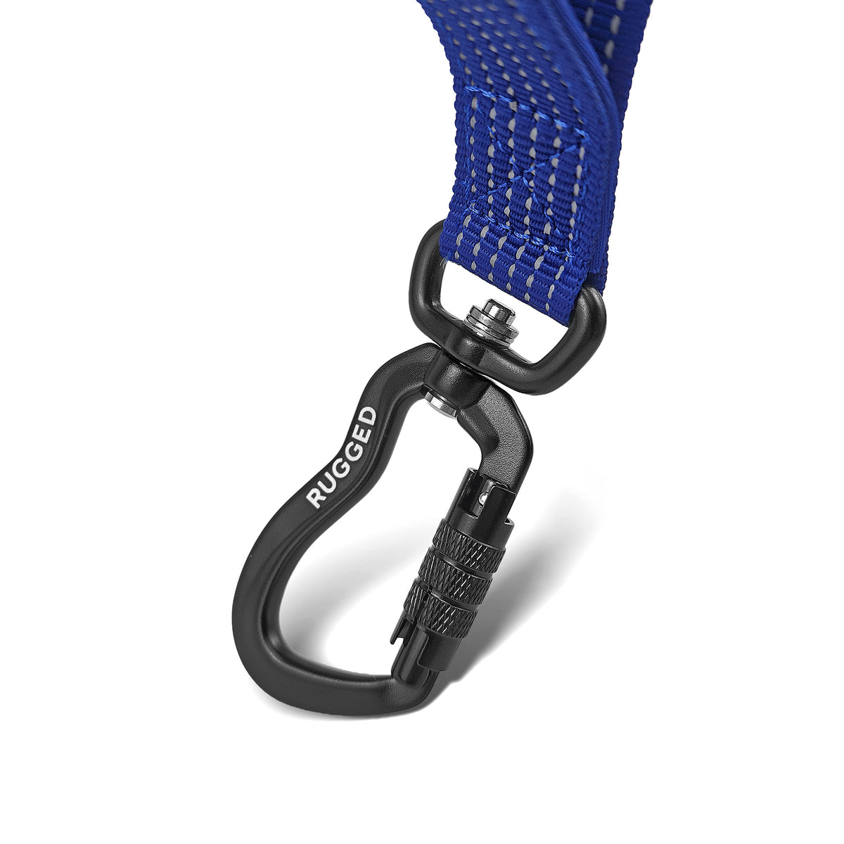 Close-up of Rugged Dog Company dog leash featuring an auto-locking aircraft-grade aluminum carabiner with hard-anodized weather-resistant, rust-proof finish and 360-degree rotating swivel to help prevent leash twisting, attached to high-visibility reflective polyester webbing