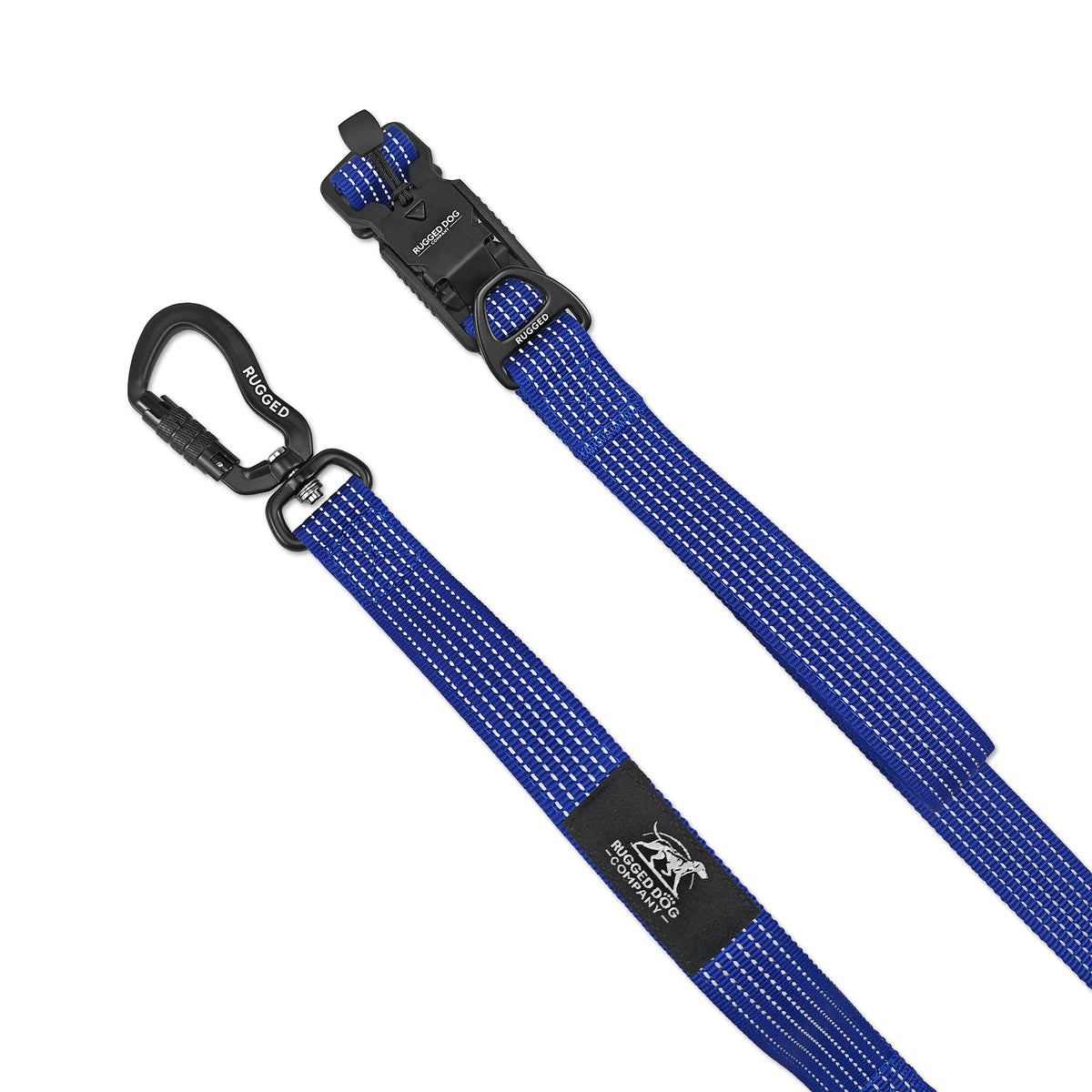 Close-up of Navy Rugged Dog Company 3-in-1 dog leash showing aircraft-grade aluminum locking carabiner, magnetic FIDLOCK V-Buckle, metal connection ring, high-visibility reflective polyester webbing and Rugged Dog branding