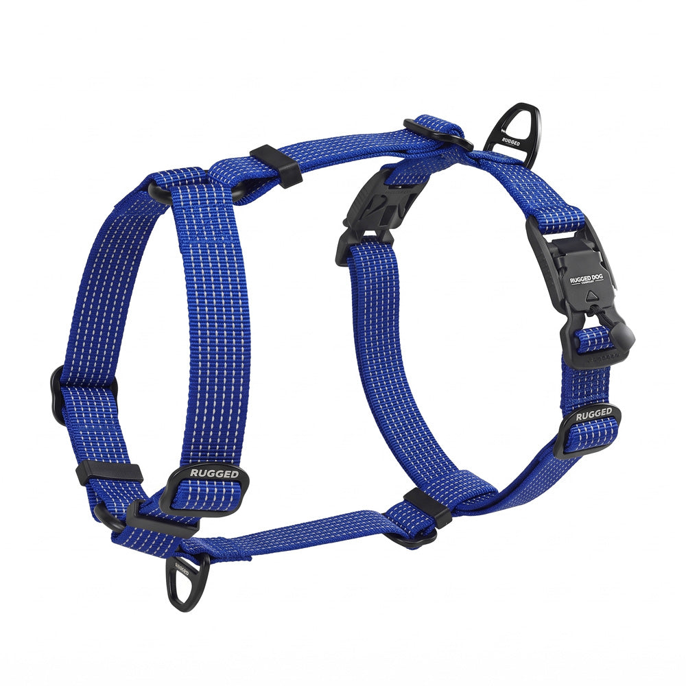 Navy Rugged Dog Company no-pull dog harness with dual magnetic FIDLOCK V-Buckles, high-visibility reflective polyester webbing, aircraft-grade aluminum top and front D-rings, and Rugged-branded metal adjustment sliders