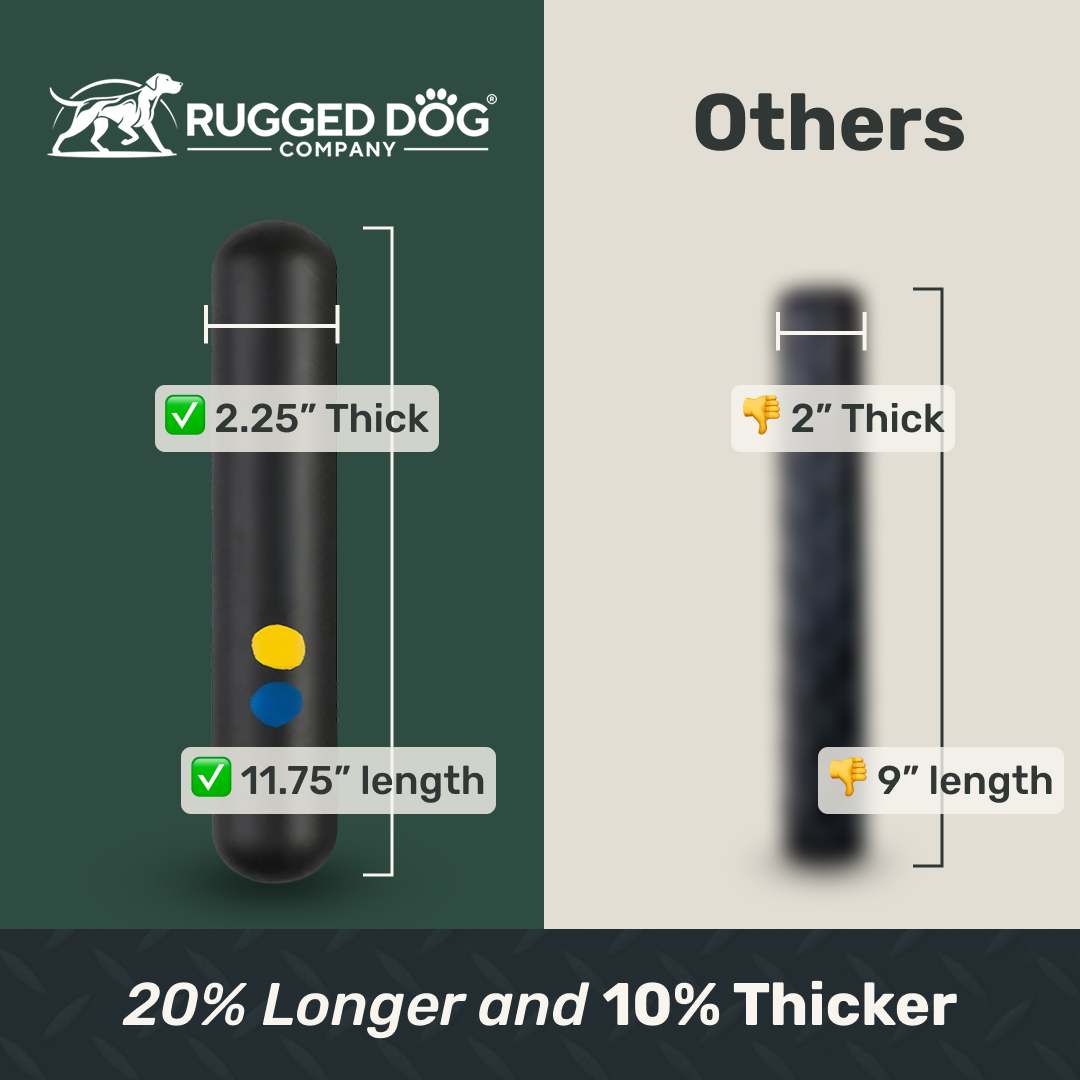 Comparison of Rugged Dog Company rubber stick dog toy product dimensions with 'Others' on a green and beige background.