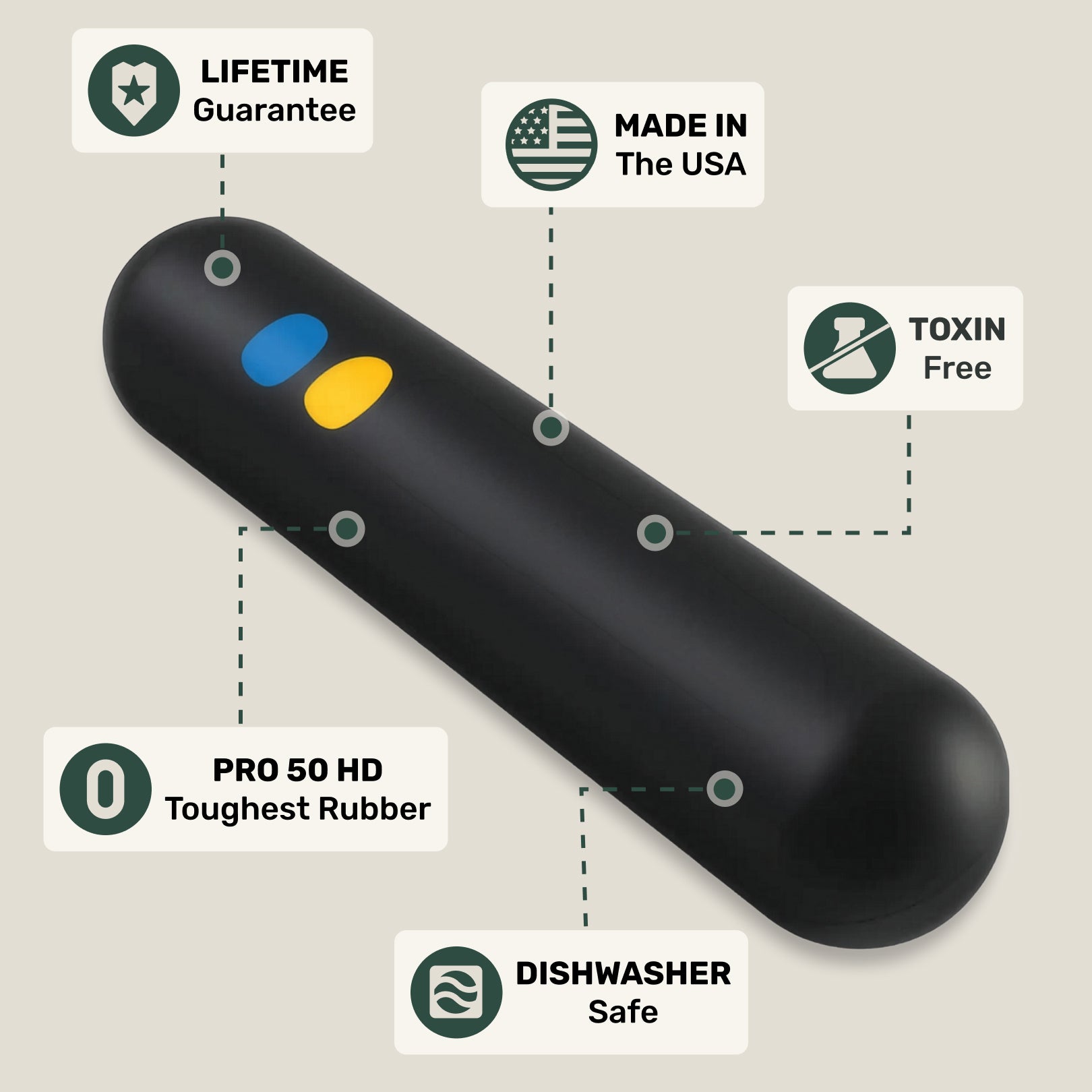 Black stick rubber dog toy with various features highlighted on a beige background