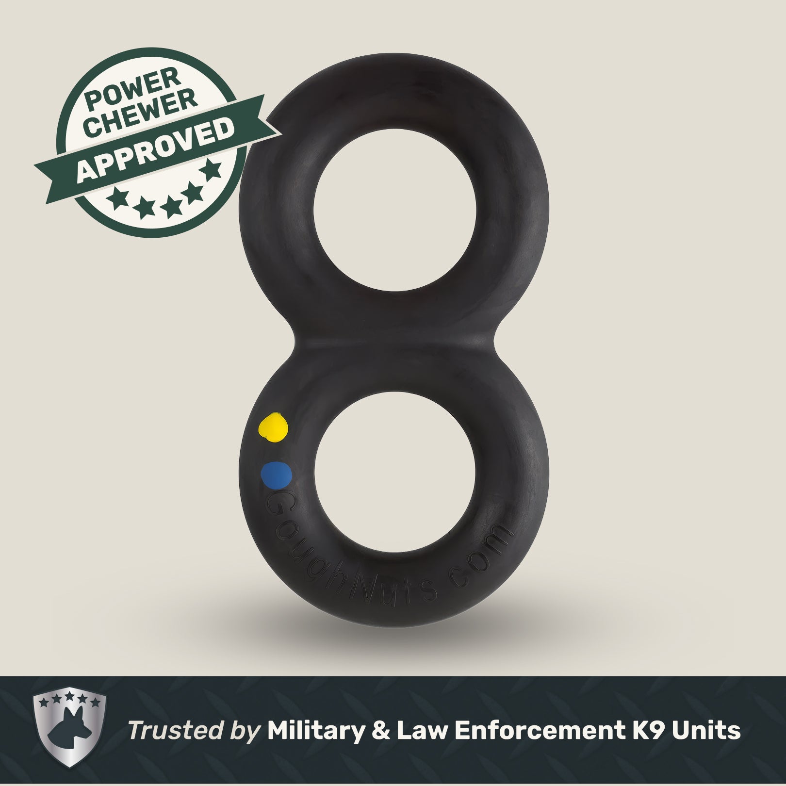 Black dog toy with 'Power Chewer Approved' label on a beige background