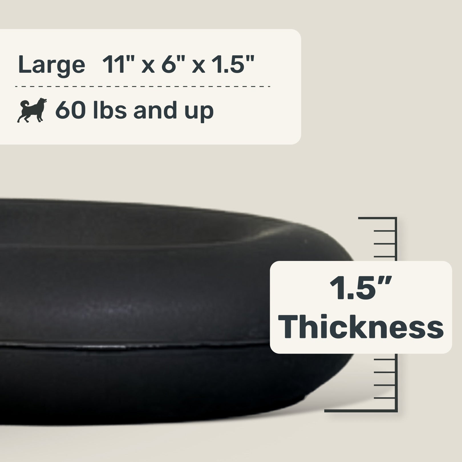 Black rubber ring toy with dimensions and weight capacity text overlay on a light background