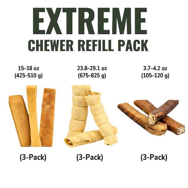 Extreme Chewer Refill Pack, three of each: XL yak chews 425–510 g, beef cheek rolls 675–825 g, 6-inch bully sticks 105–120 g. Weights are three-pack totals.