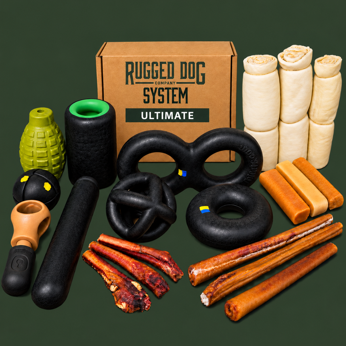 Rugged Dog System - Ultimate Box — 20 individual items: 4 enrichment items, 4 play toys, 3 XL yak cheese chews, 3 Gargantuan beef cheek rolls, 3 Gargantuan 6-inch bully sticks, and 3 Gargantuan 12-inch bully sticks.