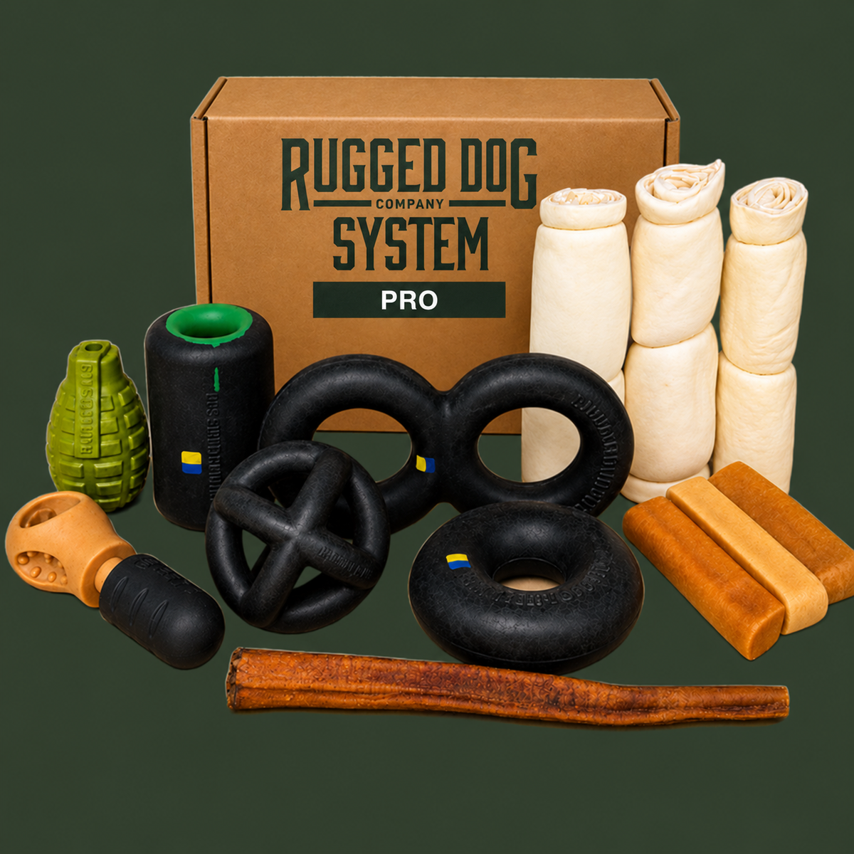 Rugged Dog System - PRO Box — 13 individual items: 3 enrichment items, 3 play toys, 3 XL yak cheese chews, 3 Gargantuan beef cheek rolls, and 1 Gargantuan 12-inch bully stick.