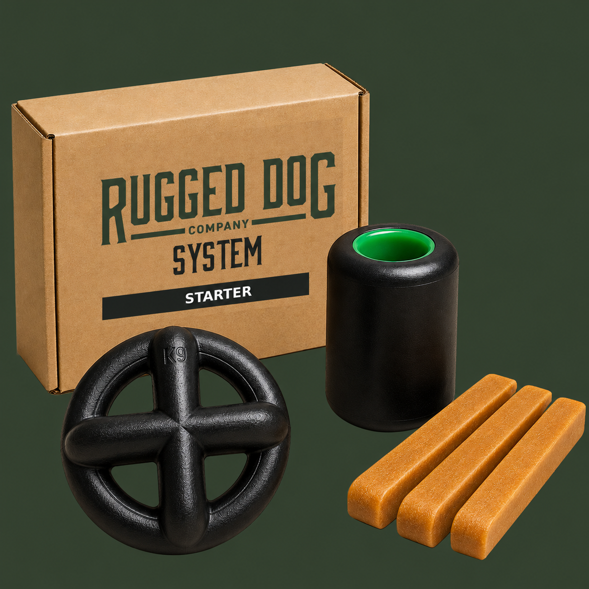 Rugged Dog System - Starter Box — 5 individual items: 1 enrichment toy, 1 play toy, and 3 XL yak cheese chews.