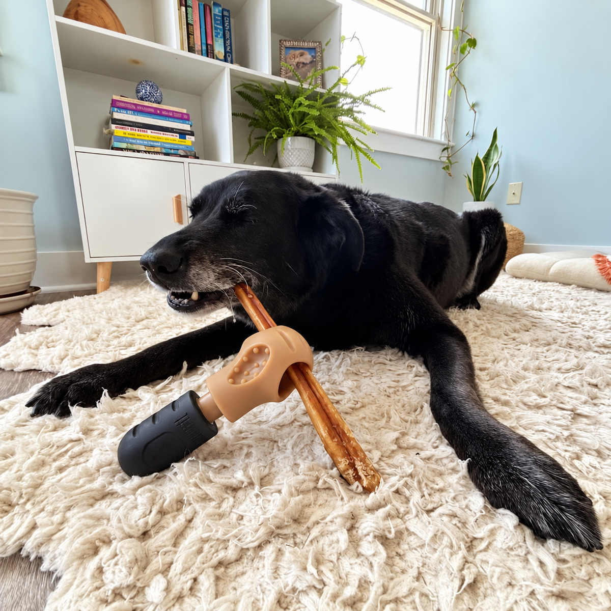 Black dog relaxing on a rug while chewing a bully stick secured in a chew holder.